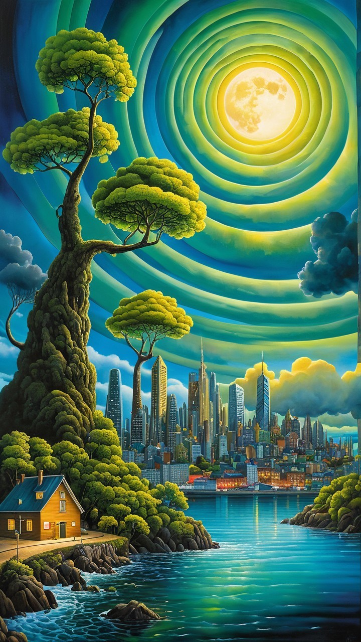 Surreal Landscape with Towering Tree and City Skyline