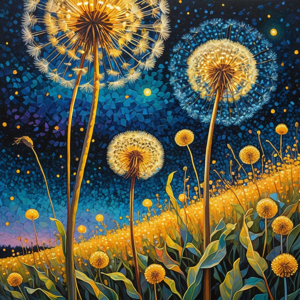 Vibrant Dandelion Flowers Against Night Sky Background
