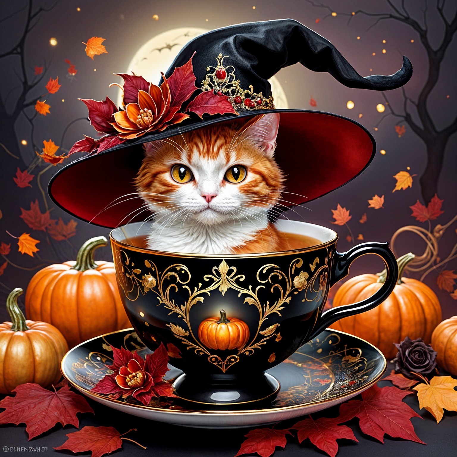 Orange Tabby Cat in Witch Hat in Halloween Teacup