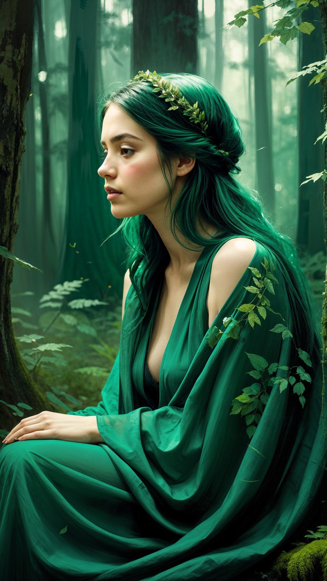 Serene figure in green gown amidst lush forest setting