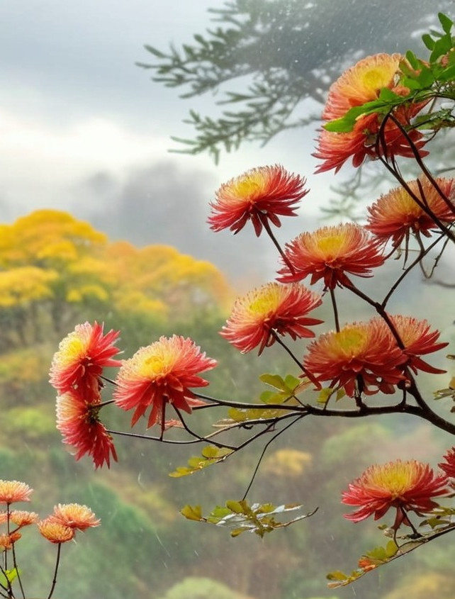 Misty Landscape with Vibrant Autumn Flowers and Hills