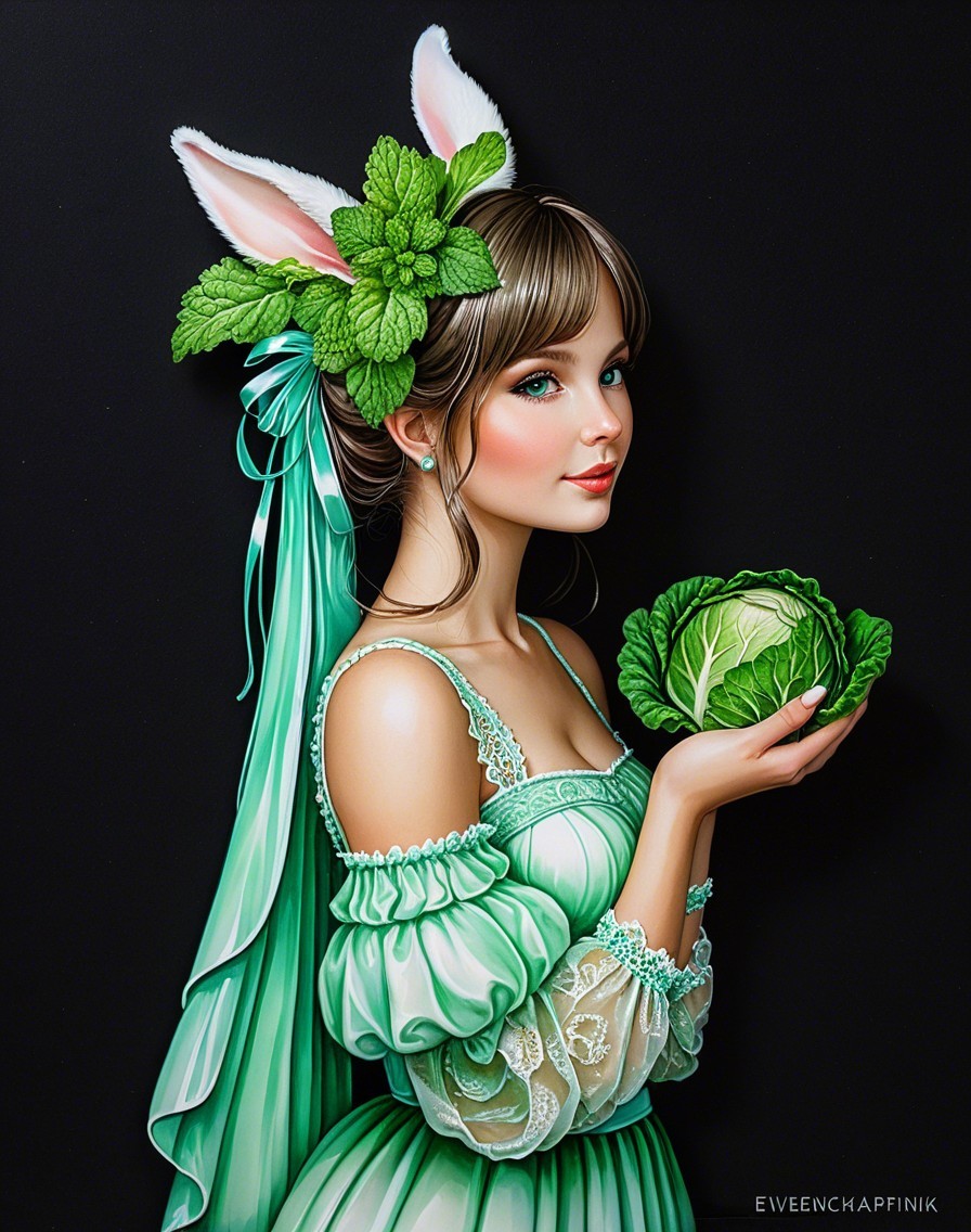 Young woman with bunny ears and cabbage in dark setting