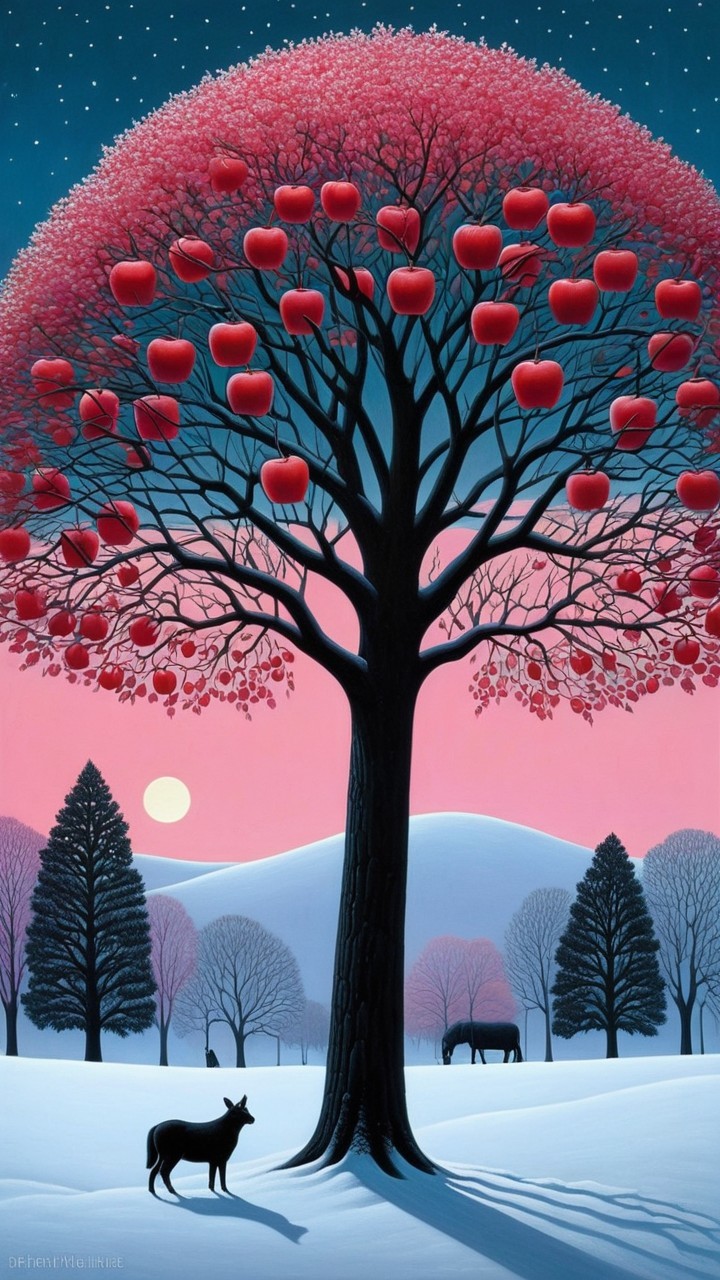 Surreal Winter Scene with Heart-Adorned Tree