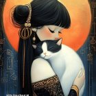 Woman in Elegant Outfit with Cat and Full Moon