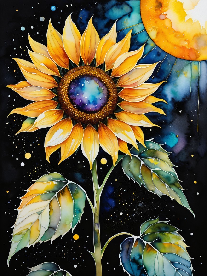 Sunflower Against Cosmic Galaxy Background