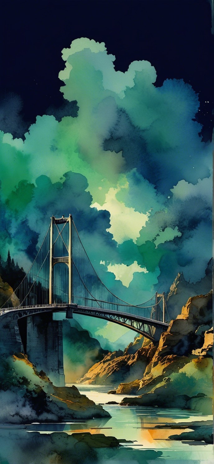 Watercolor Landscape with Bridge and Mountain View