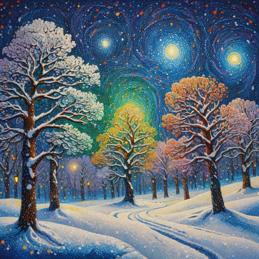Impressionistic Winter Landscape with Starry Sky