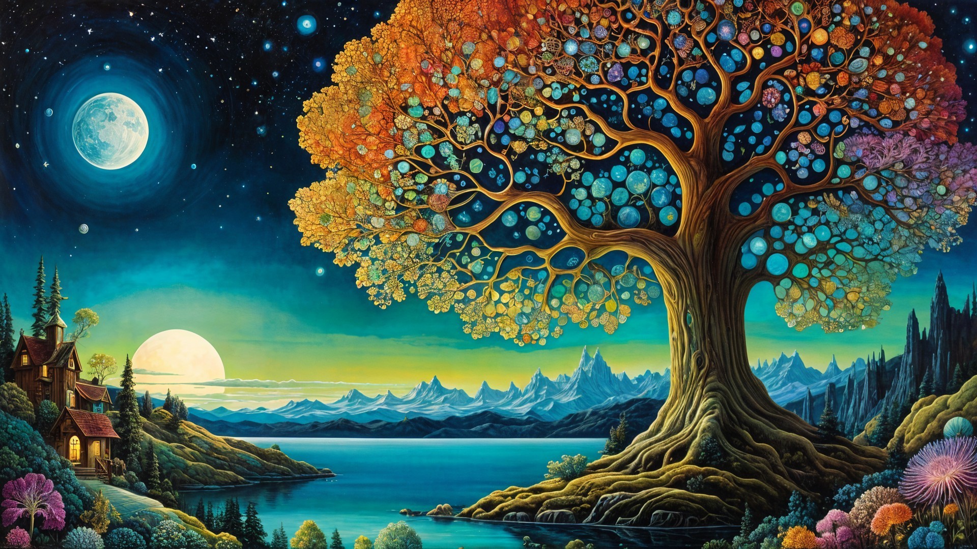 Surreal Landscape with Majestic Tree and Lake