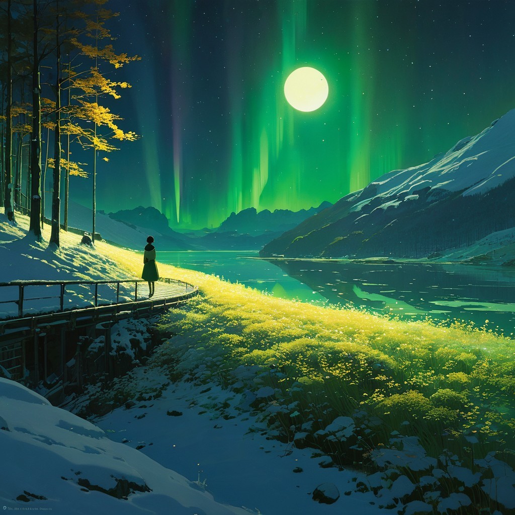 Serene Winter Landscape with Auroras and Moonlight