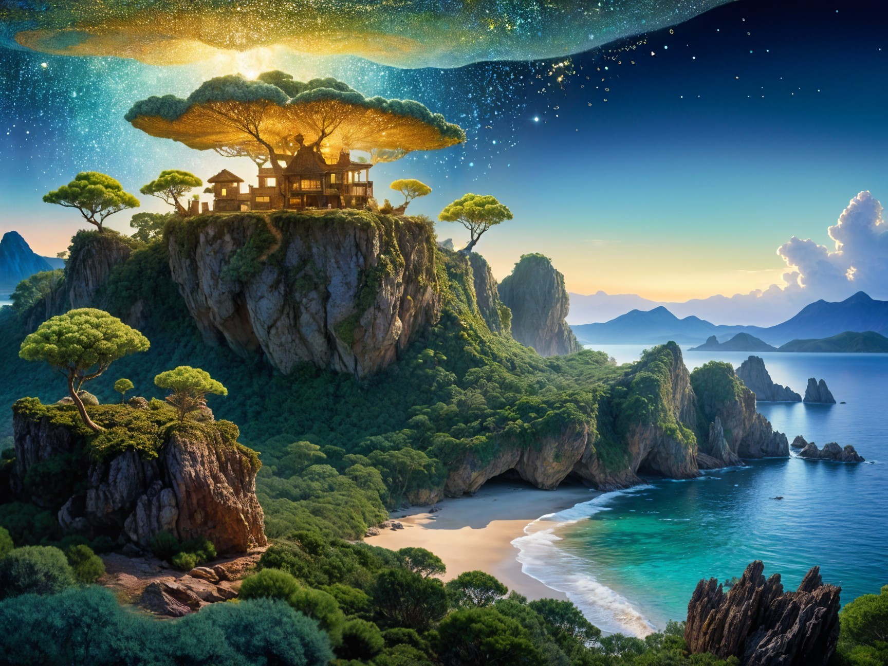 Majestic Island Scene with Lush Greenery and Beach