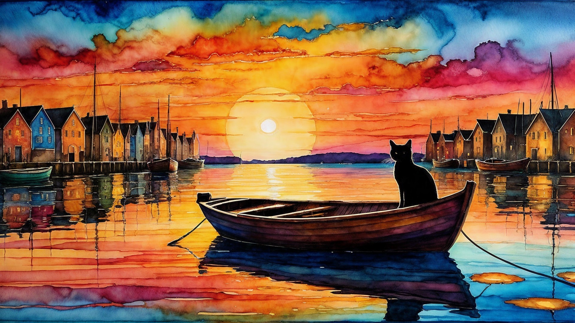 Watercolor Painting of Sunset Over Calm Harbor