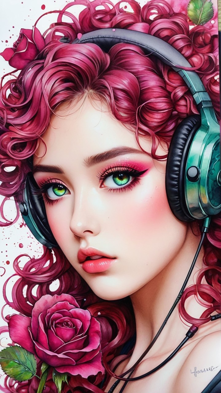 Young woman with pink hair and emerald eyes holding rose