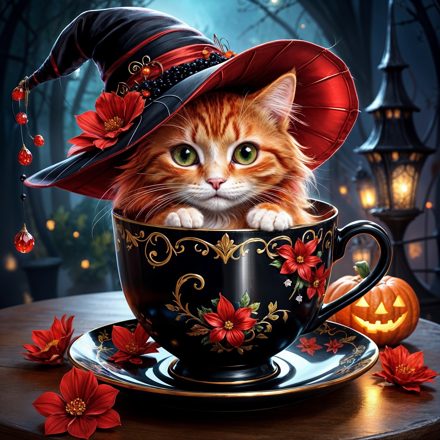 Orange Tabby Cat in Witch Hat in Decorated Teacup