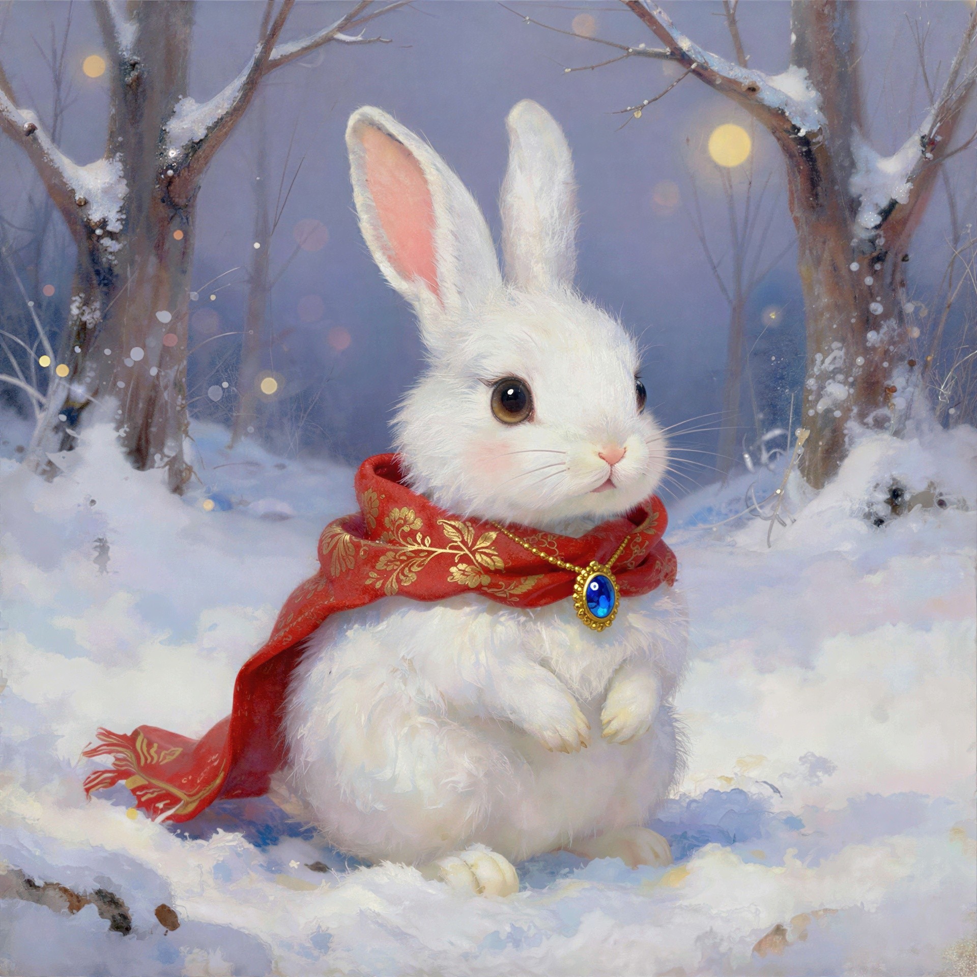 Cute White Rabbit in Snowy Forest with Scarf and Pendant