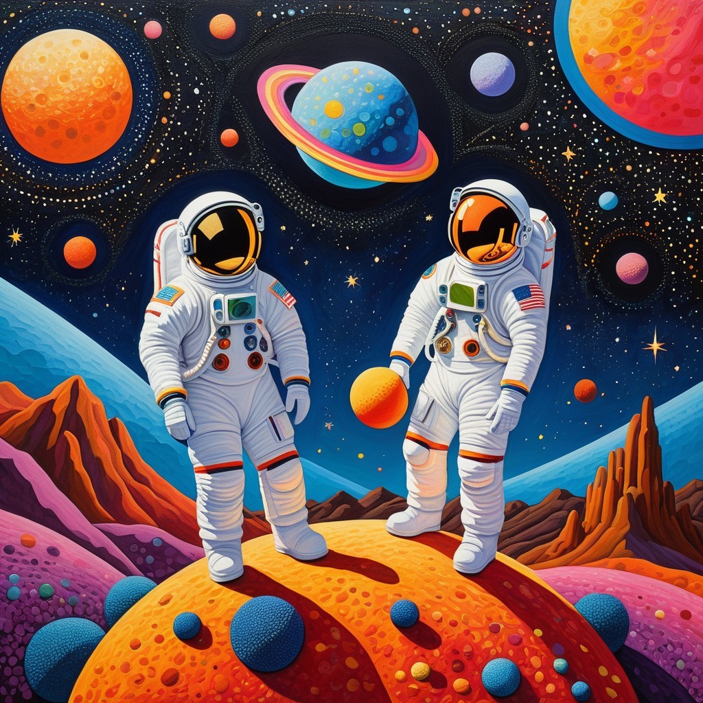 Astronauts on Colorful Otherworldly Terrain in Space