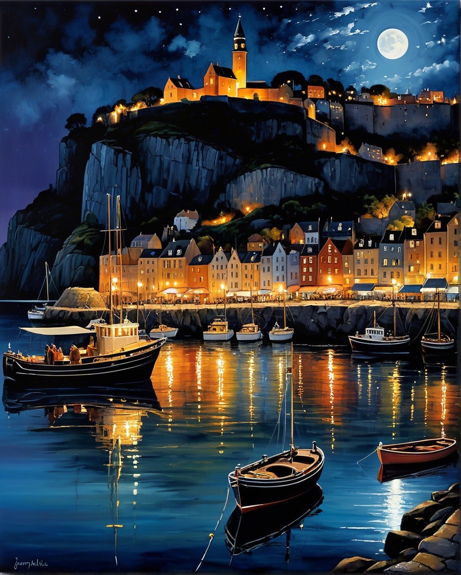 Coastal Village Night Scene with Moonlit Landscape