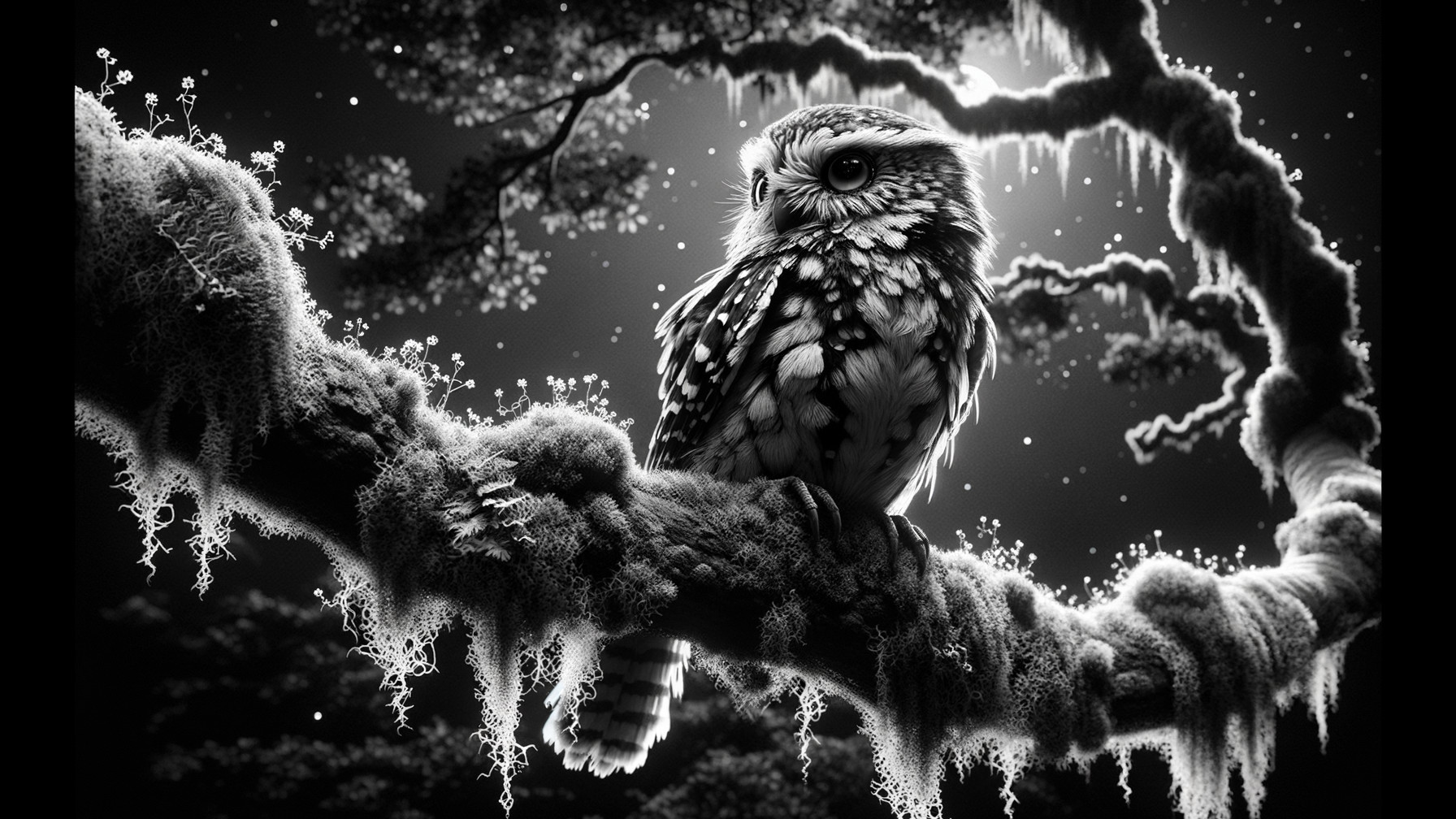 Black and white owl on moss-covered branch at night