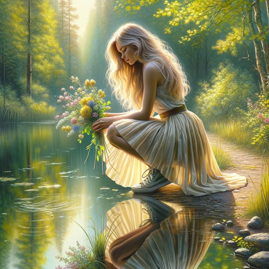 Tranquil Forest Pond with Woman and Wildflowers