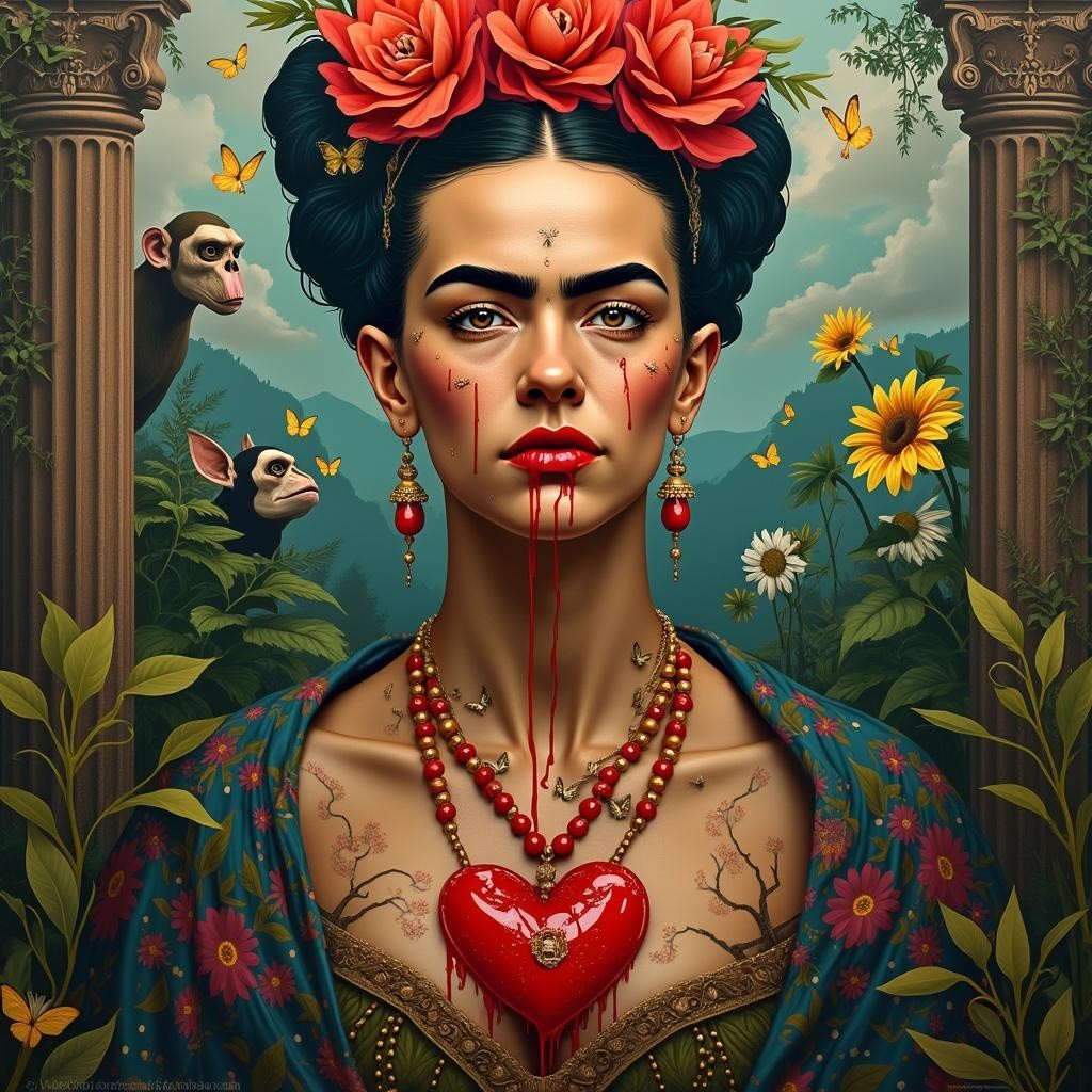 Woman with Black Hair and Red Flowers in Nature