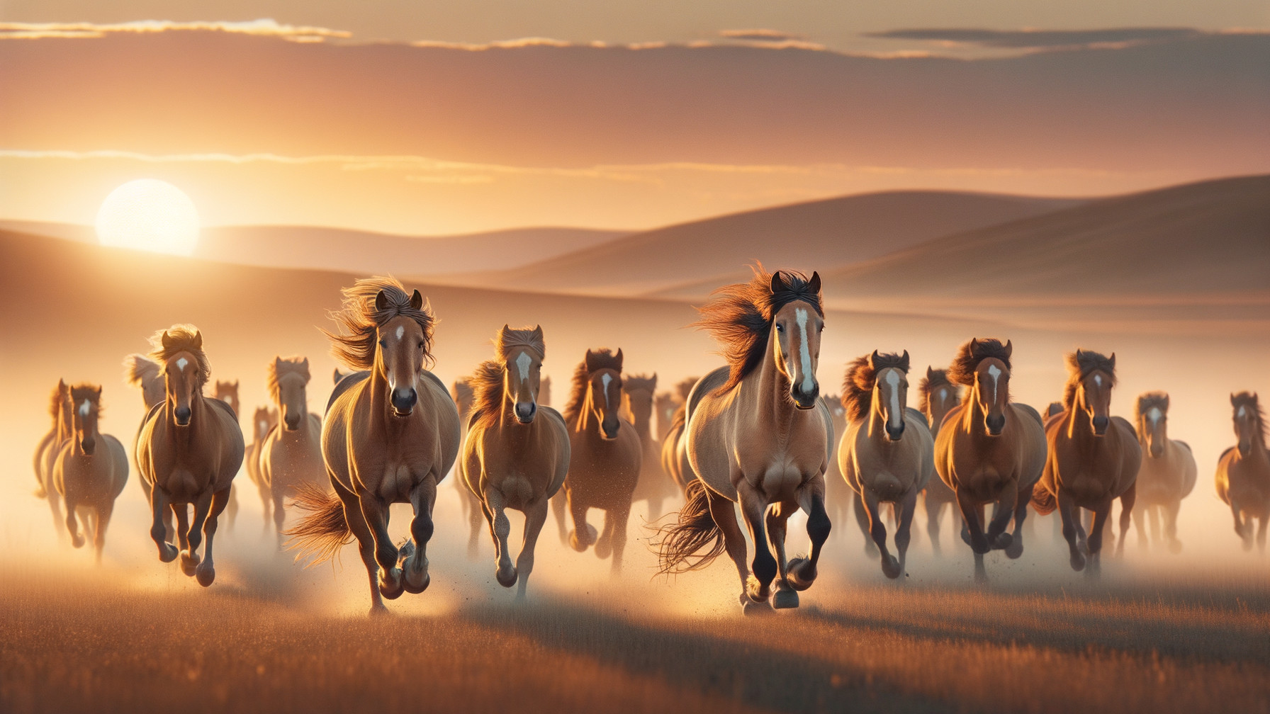 Horses Galloping in Sunset Silhouette Over Field