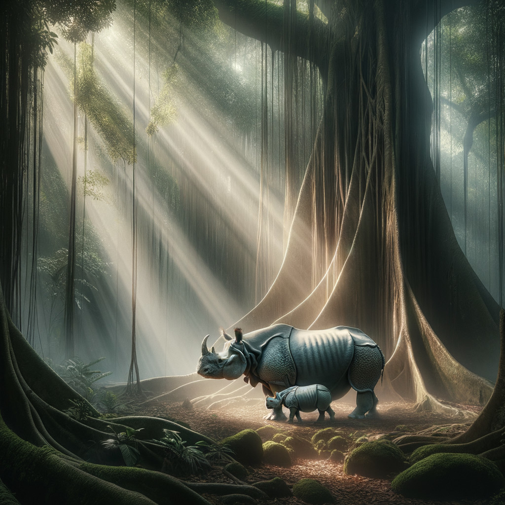 Tranquil Jungle Scene with Rhinoceros and Calf