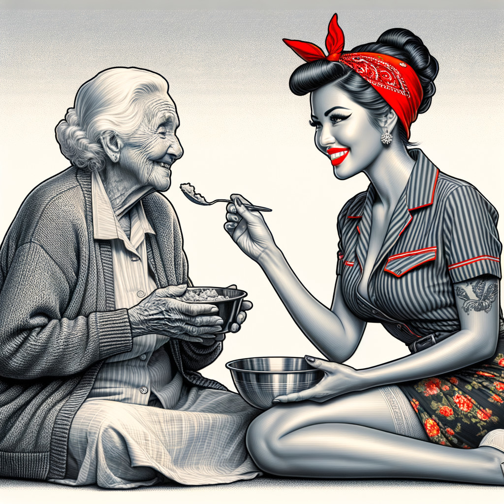 Young Woman Feeding Elderly Woman in Vibrant Scene