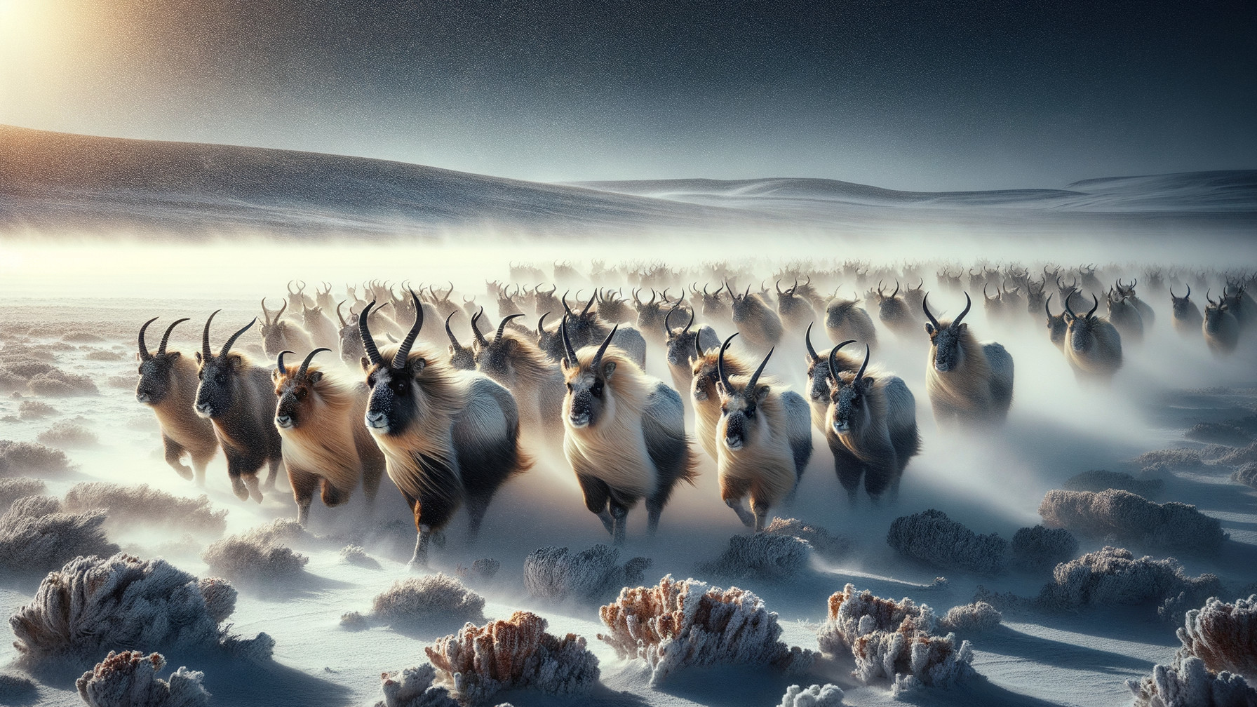 Herd of Goats Galloping in Snowy Landscape