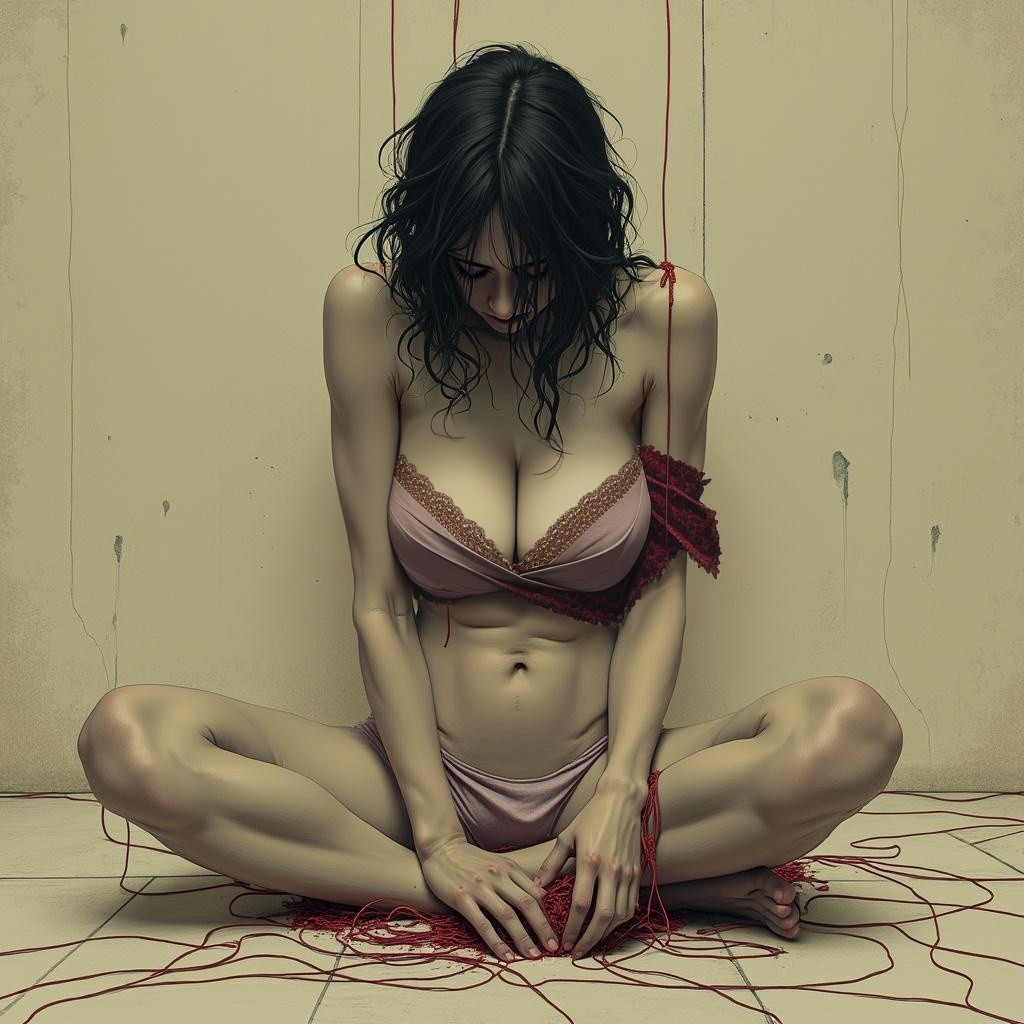 Reflective Woman on Floor with Delicate Red Threads