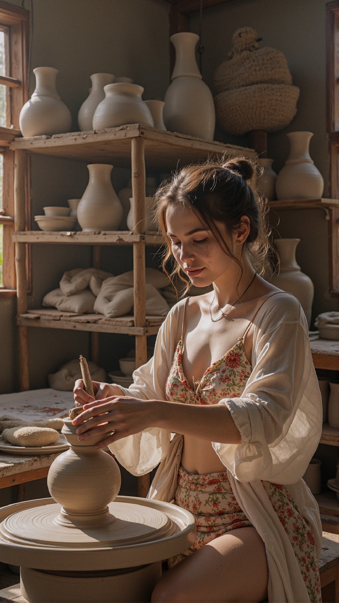 Young Woman Shaping Clay Pot in Sunlit Studio