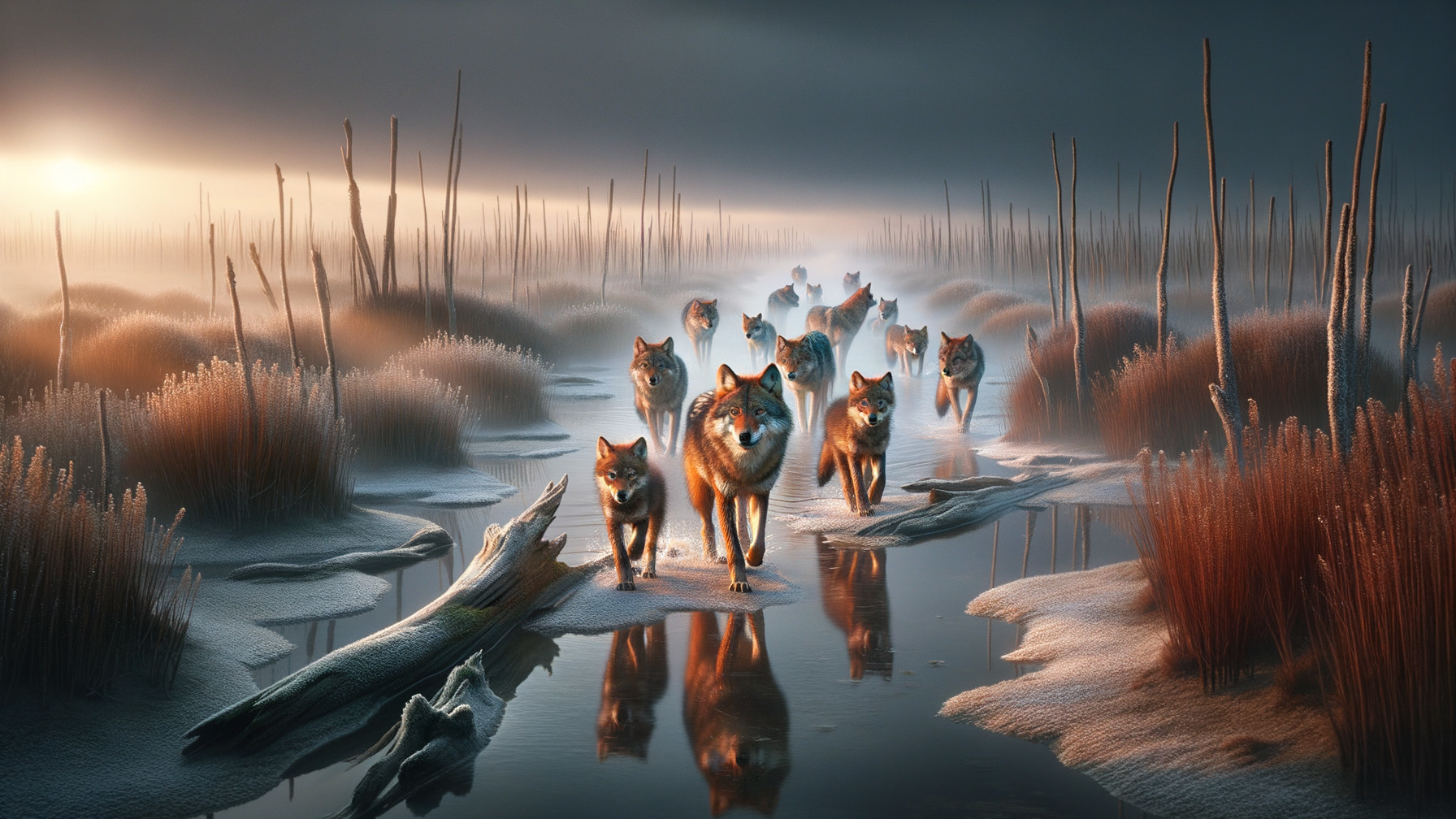 Wolves in a Misty Wetland at Dawn with Frosty Reeds