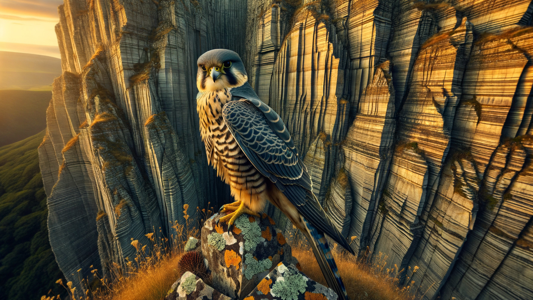 Falcon on Rocky Outcrop at Sunset with Dramatic Cliffs