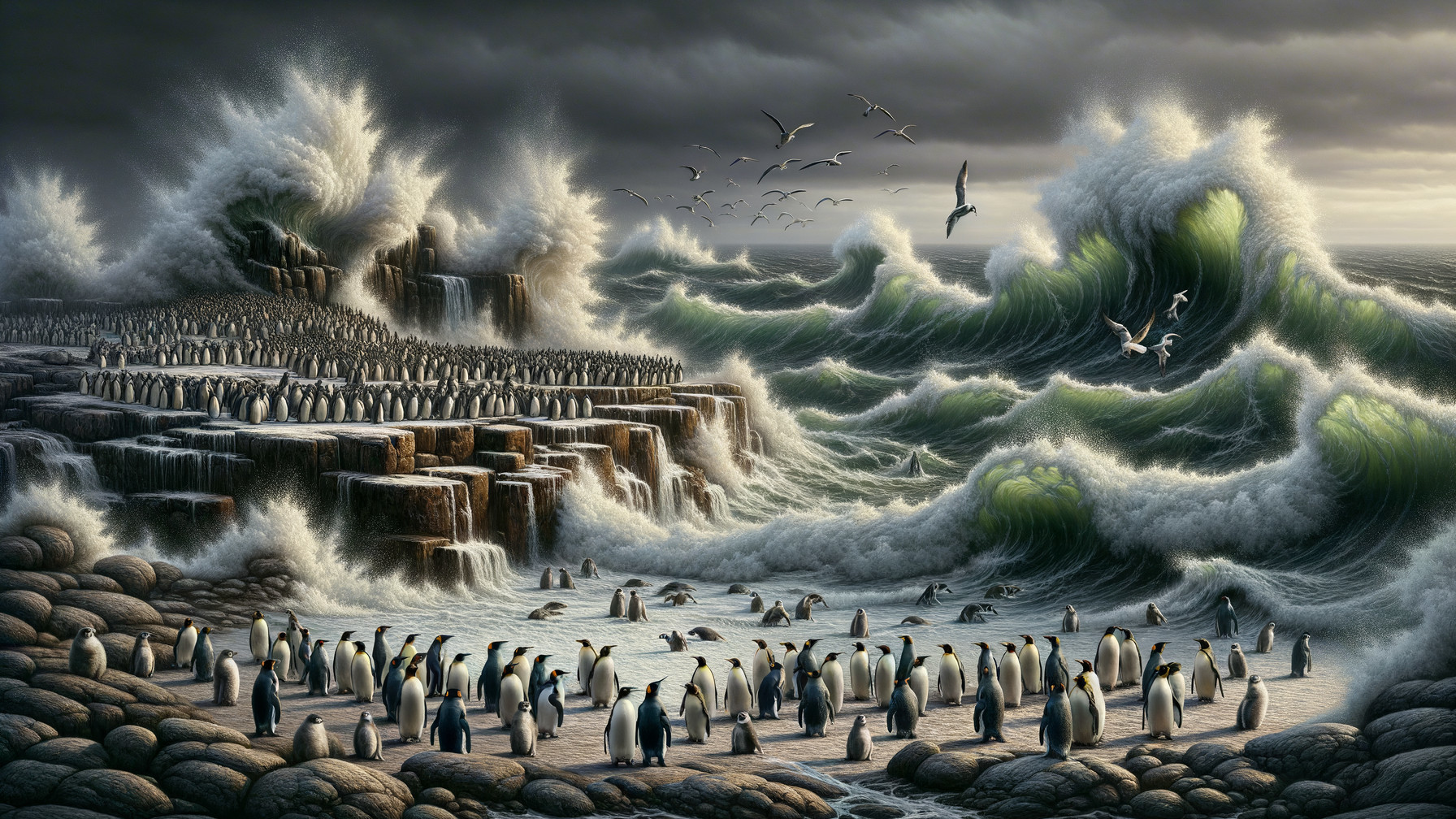 Dramatic Coastal Scene with Penguins and Waves