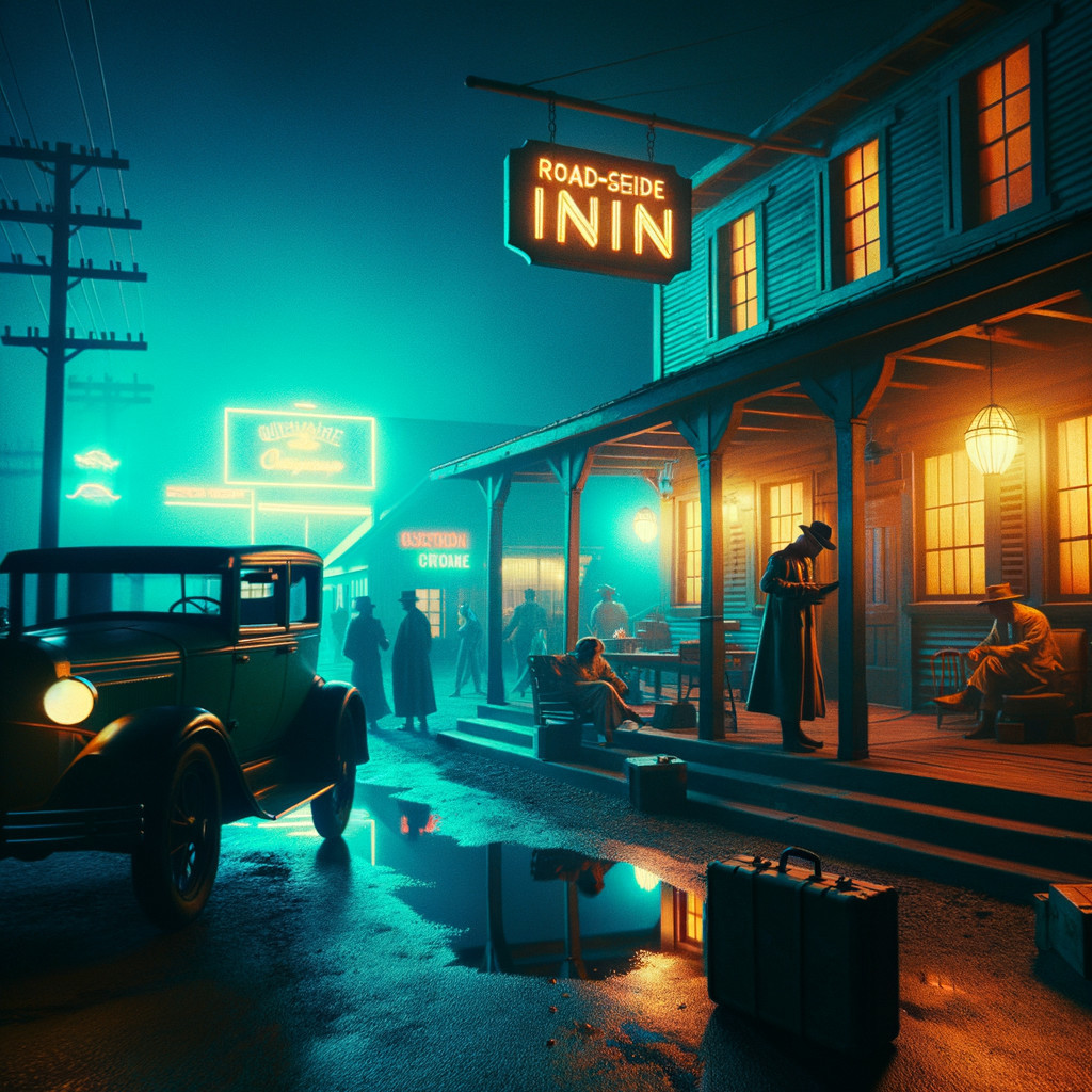 Vintage Roadside Inn at Night with Neon Signs