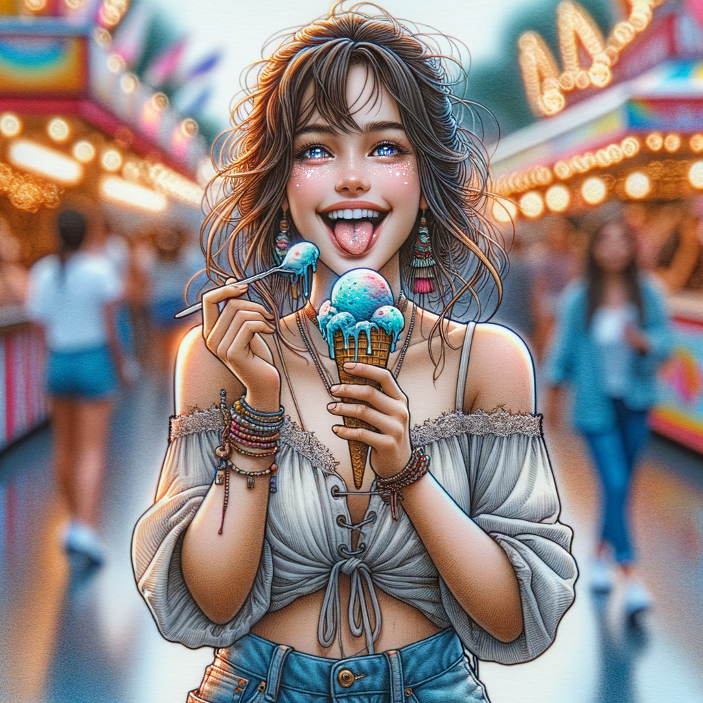 Young woman with ice cream cones at a lively fair