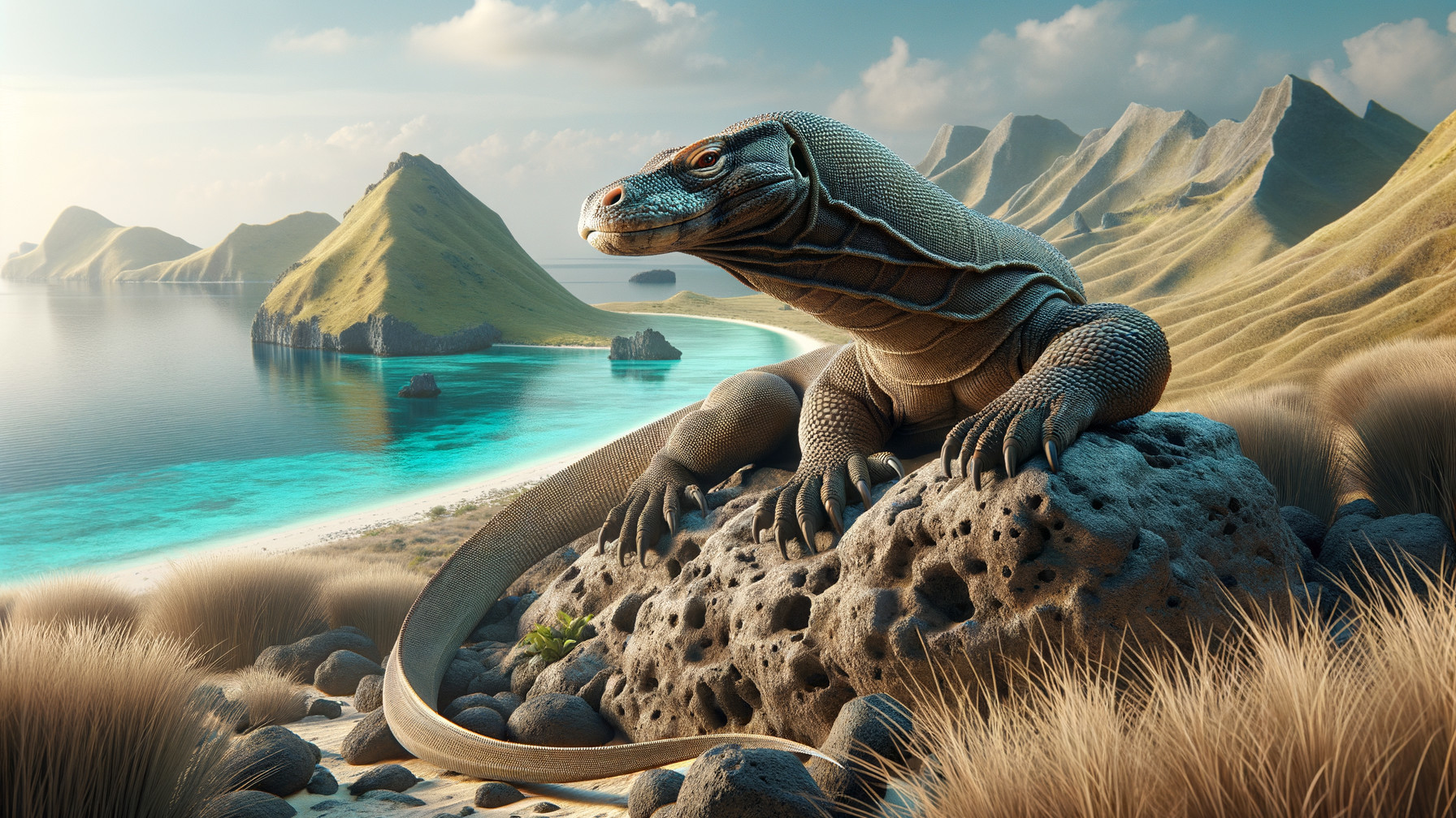 Textured lizard on rocky outcrop with coastal views