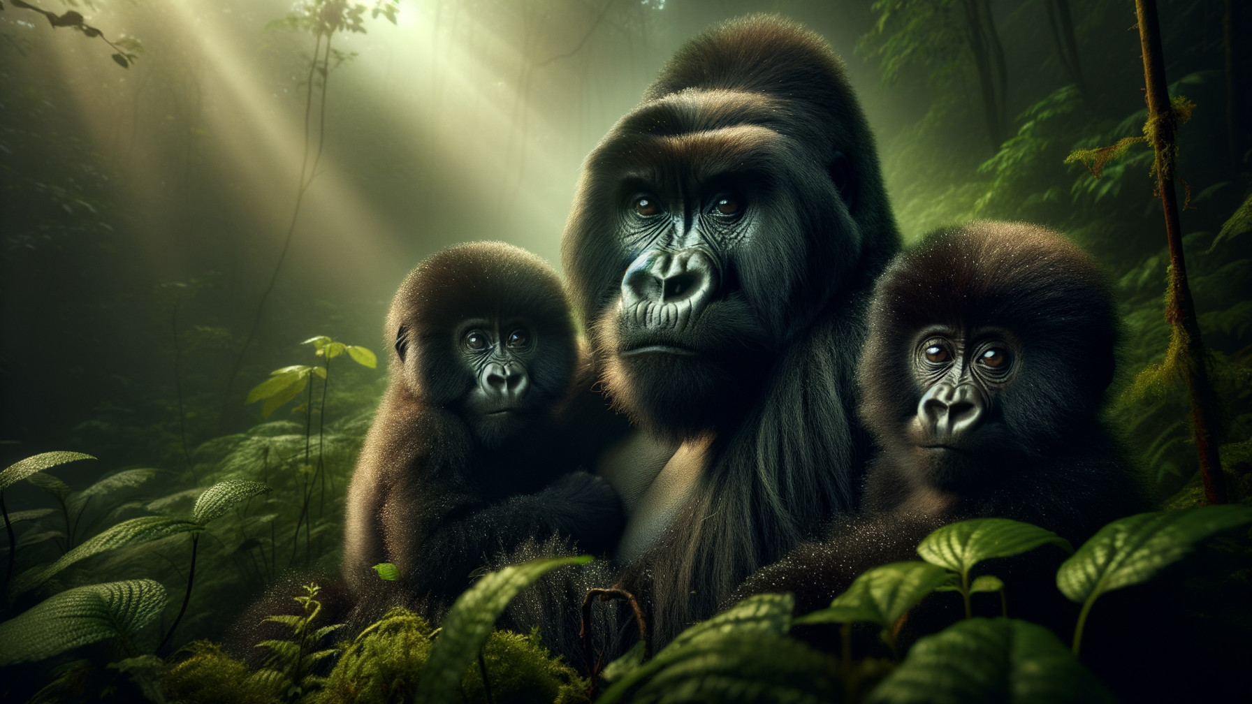 Mother Gorilla with Offspring in Lush Forest Setting