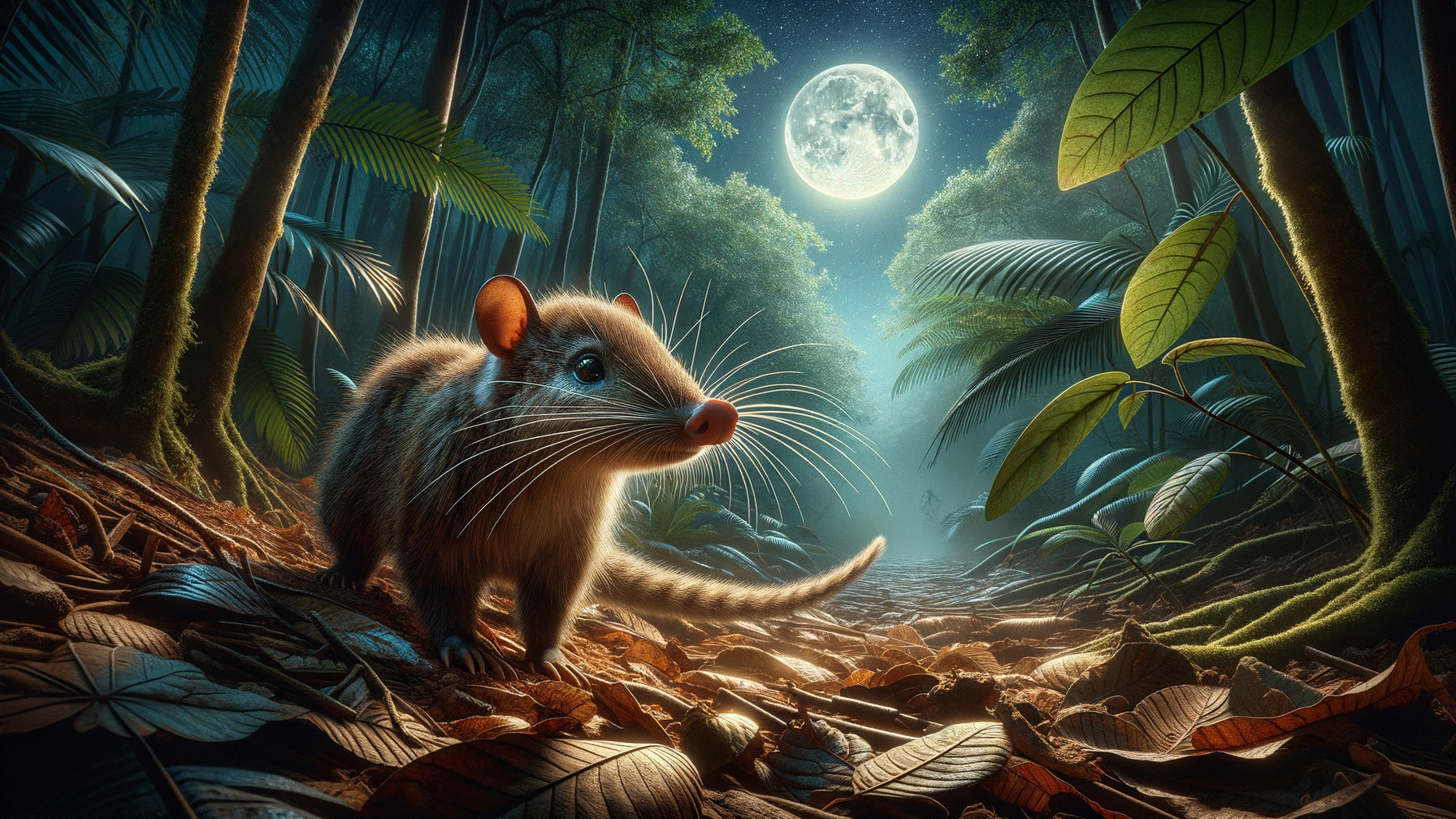 Moonlit Jungle Scene with Furry Creature Exploring