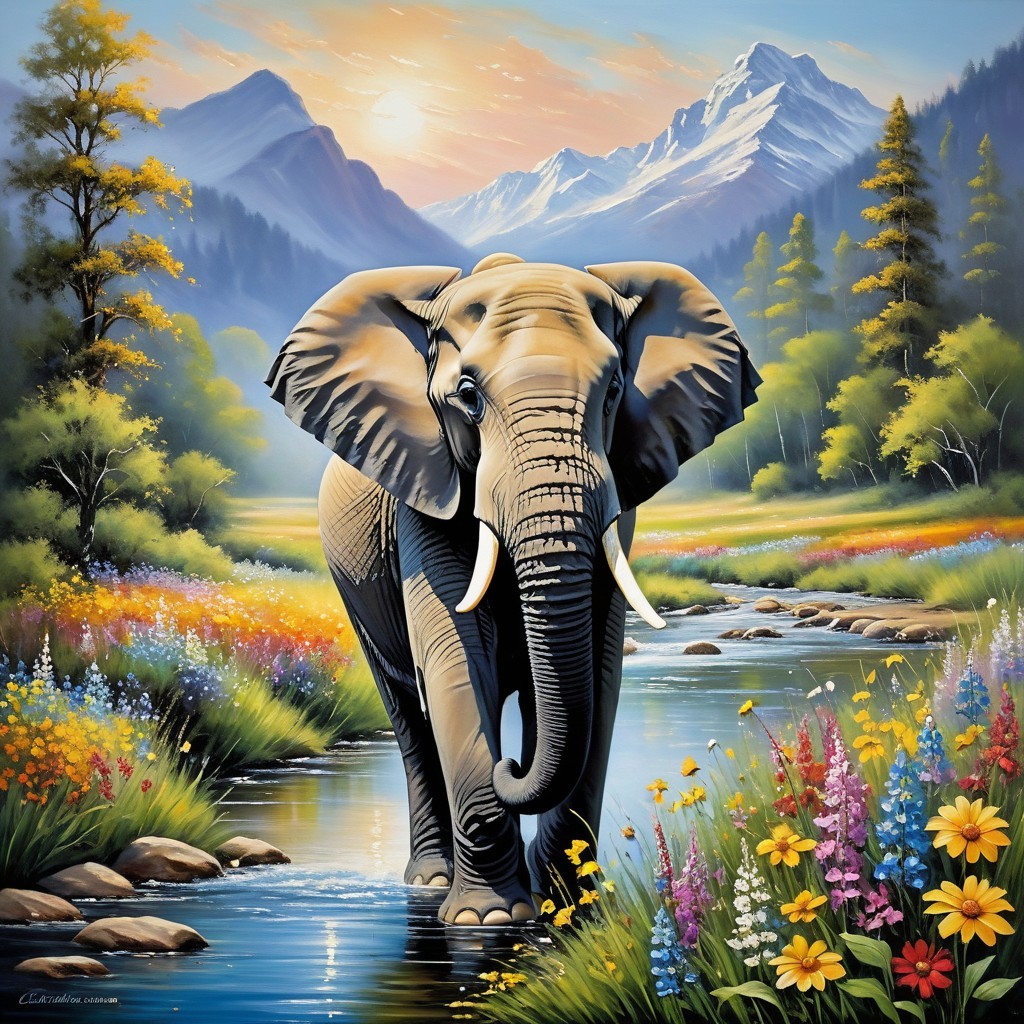 Elephant in Vibrant Landscape with Sunset Mountains