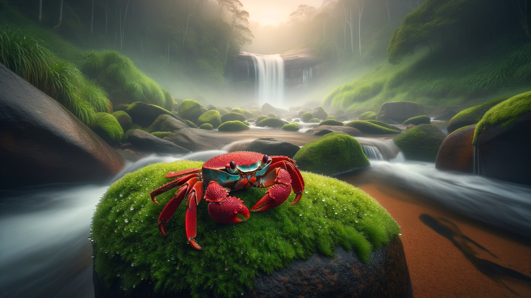 Red Crab on Mossy Rock by Tranquil River Waterfall