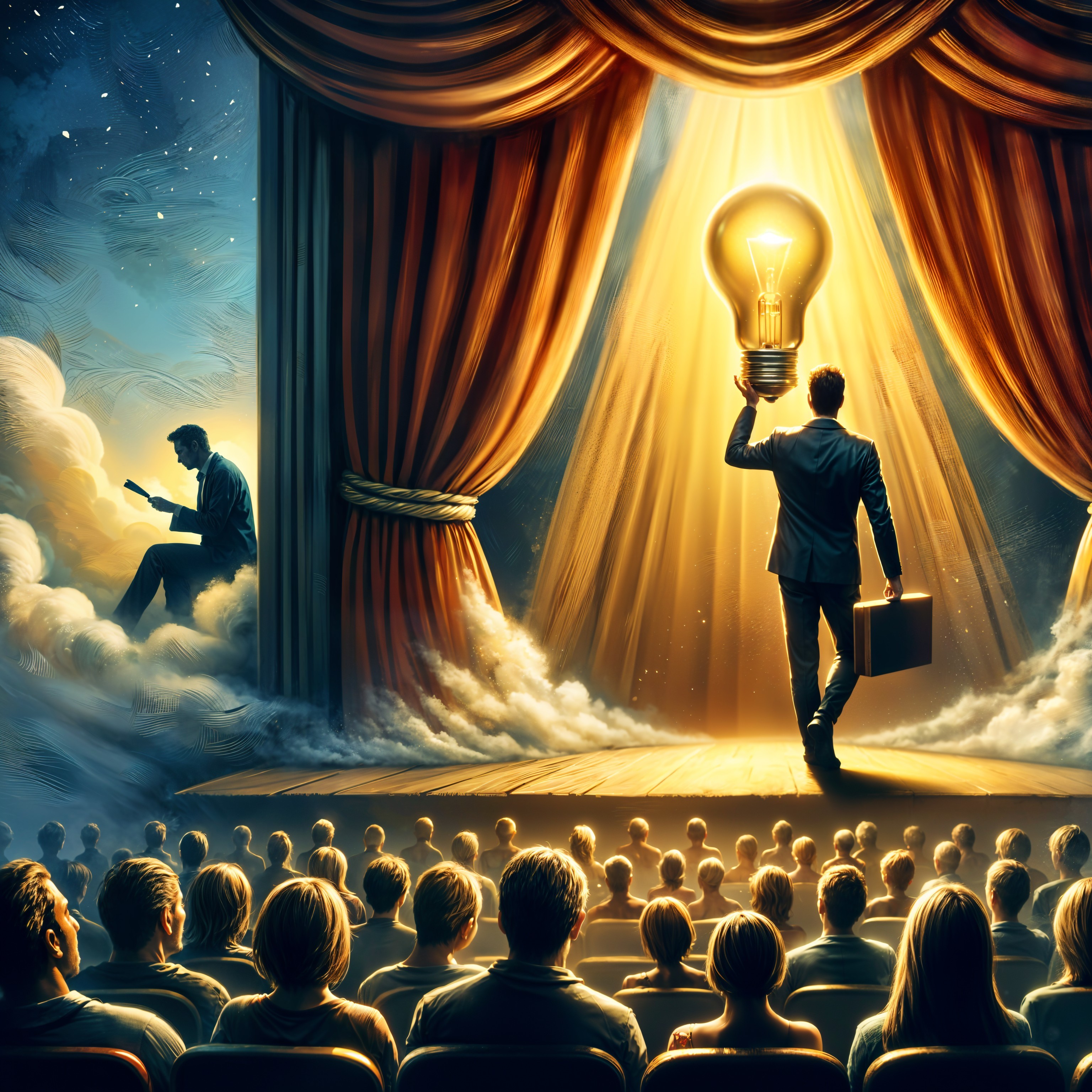 Theatrical Scene with Symbolic Light and Audience Engagement