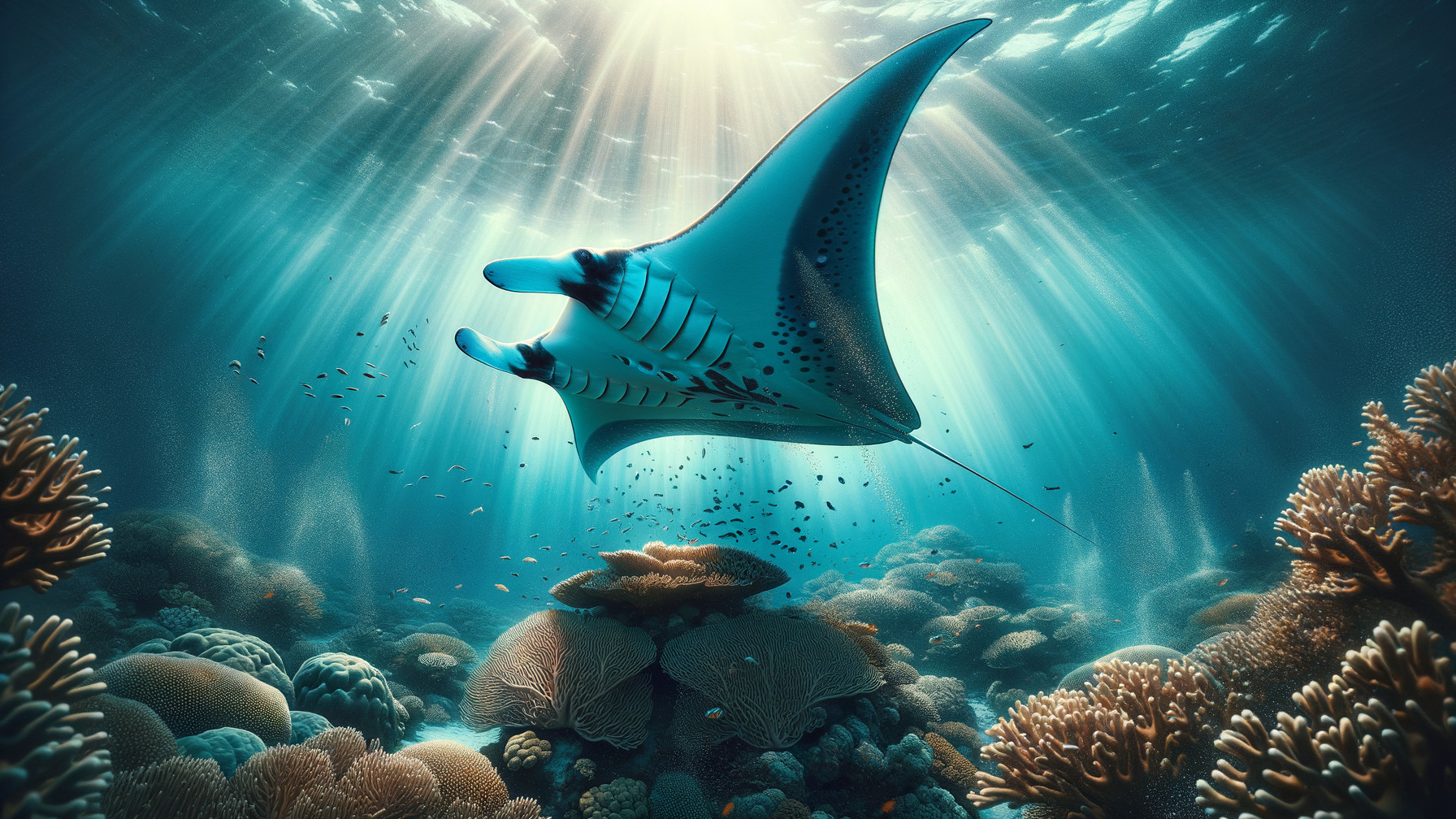 Manta Ray Swimming Over a Vibrant Coral Reef
