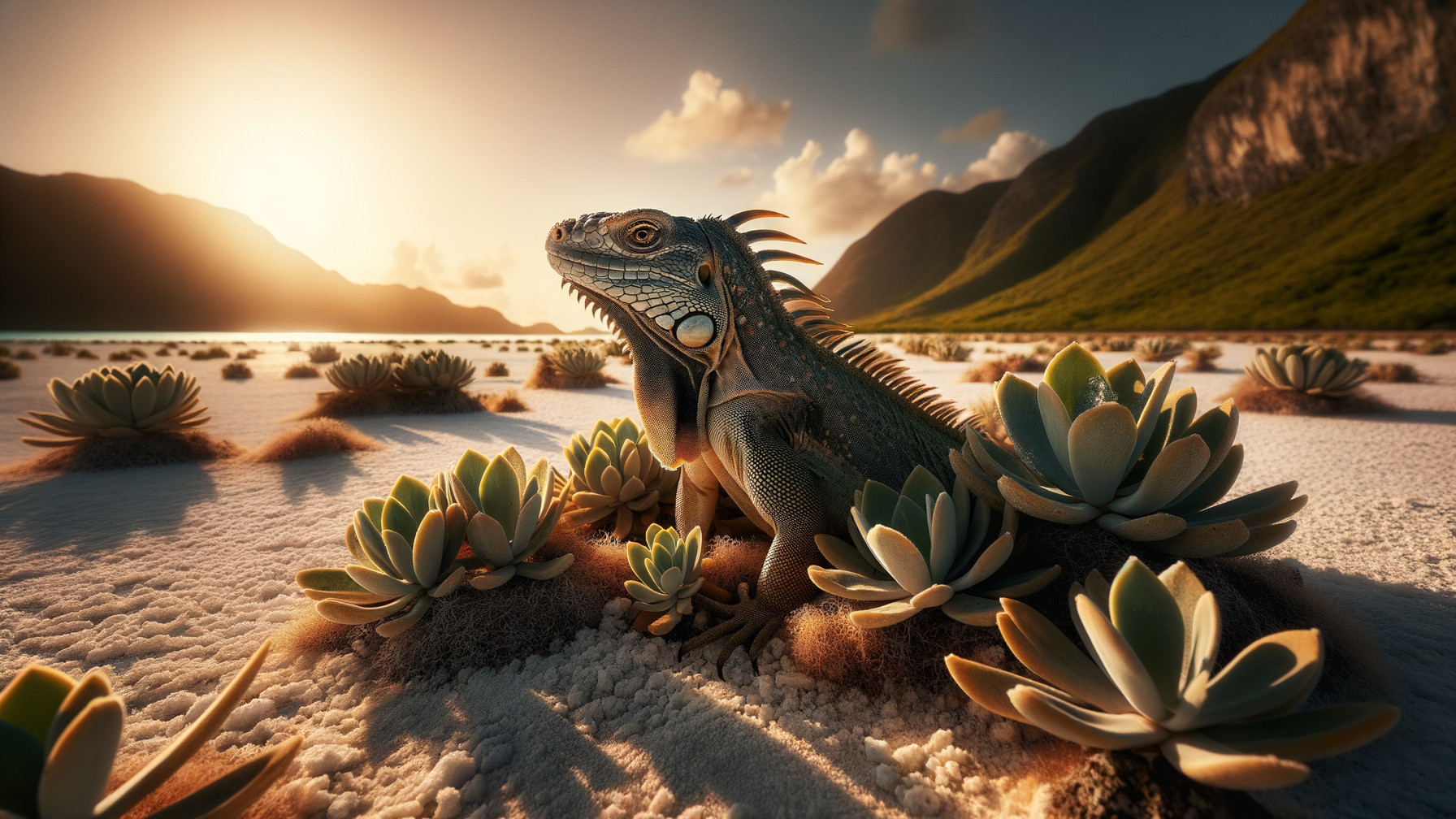 Iguana in Serene Sunset Landscape with Mountains