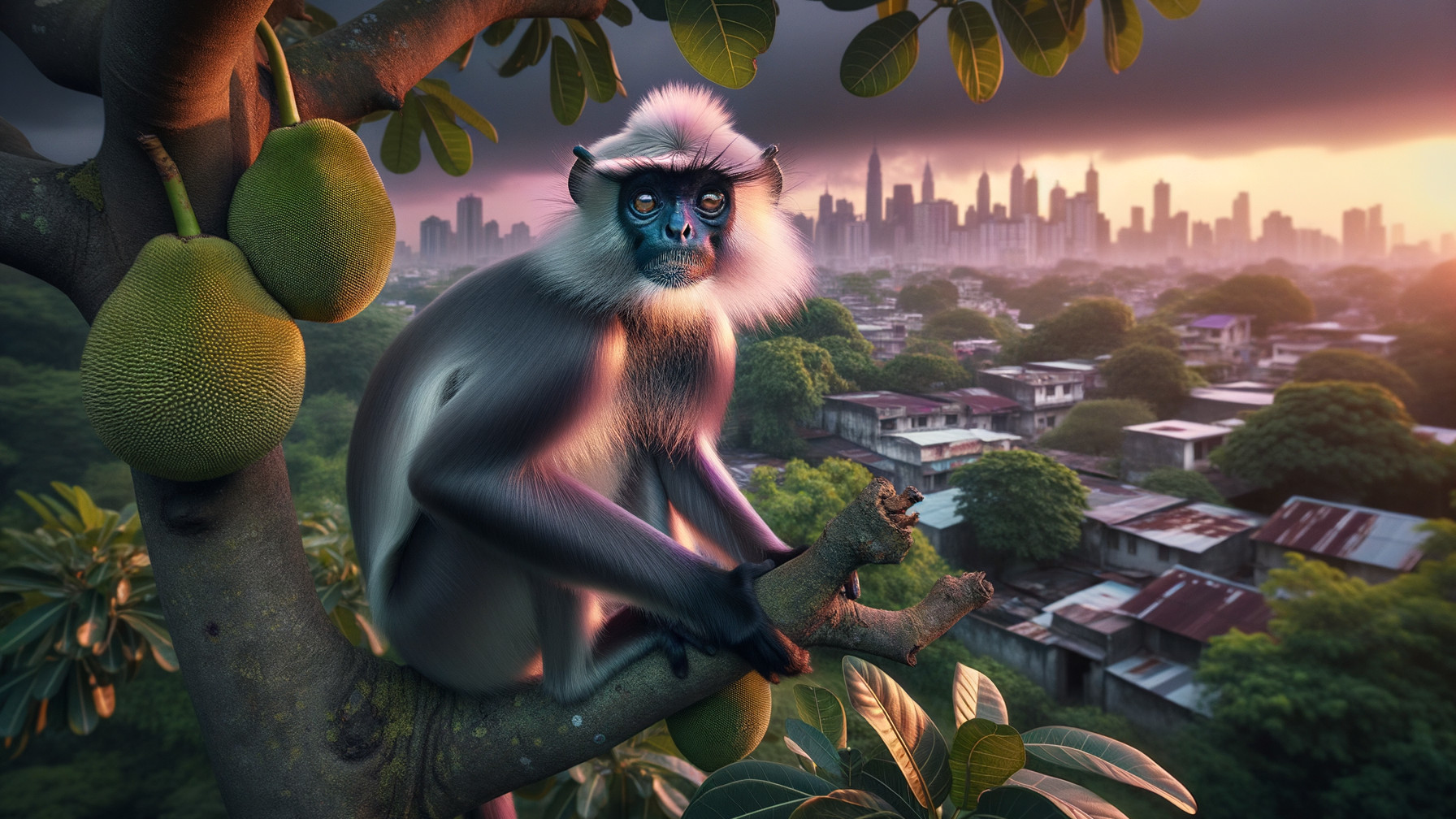 Monkey on Branch Overlooking City Skyline at Sunset