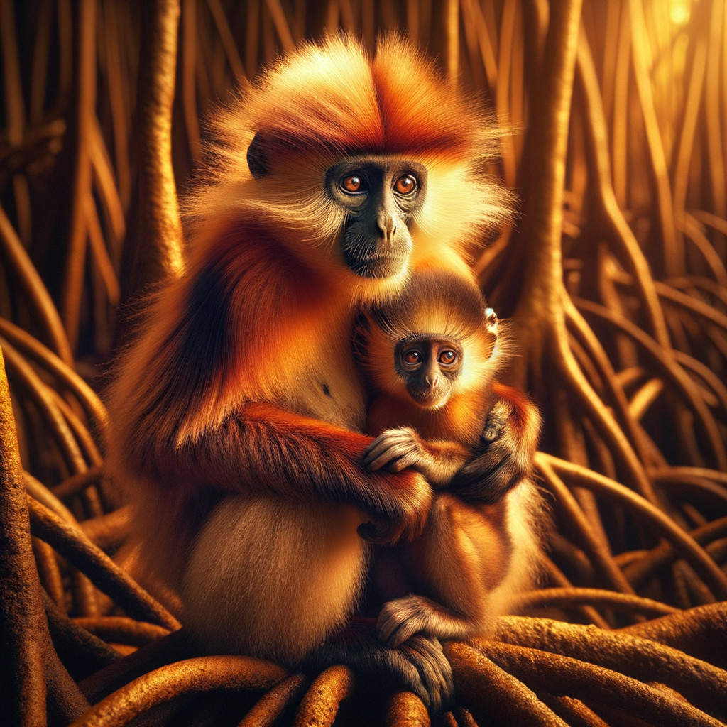 Golden monkeys in a warm jungle embrace with sunlight