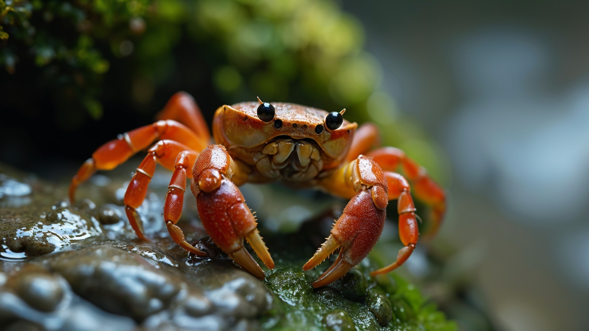 Close-Up of Orange Crab on Rocky Surface with Moss