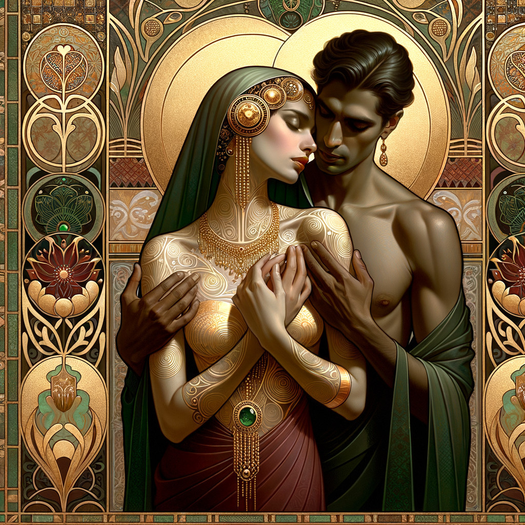 Romantic Embrace in Intricate Art Nouveau Style