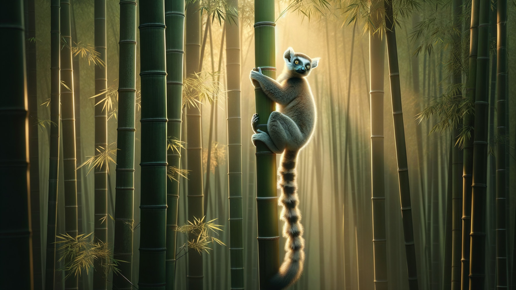 Lemur Climbing Bamboo in a Lush Forest Setting