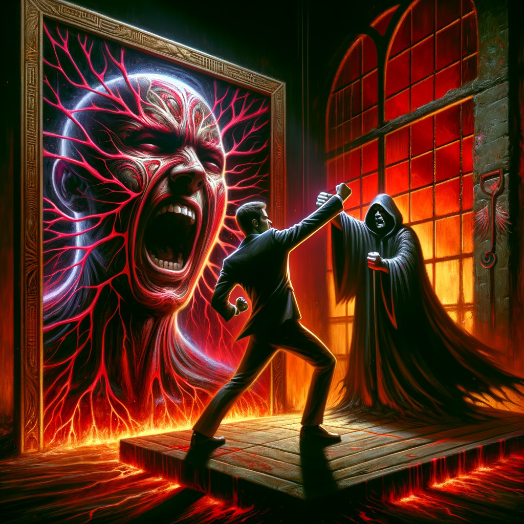 Confrontation Between Suit-Clad Figure and Cloaked Entity