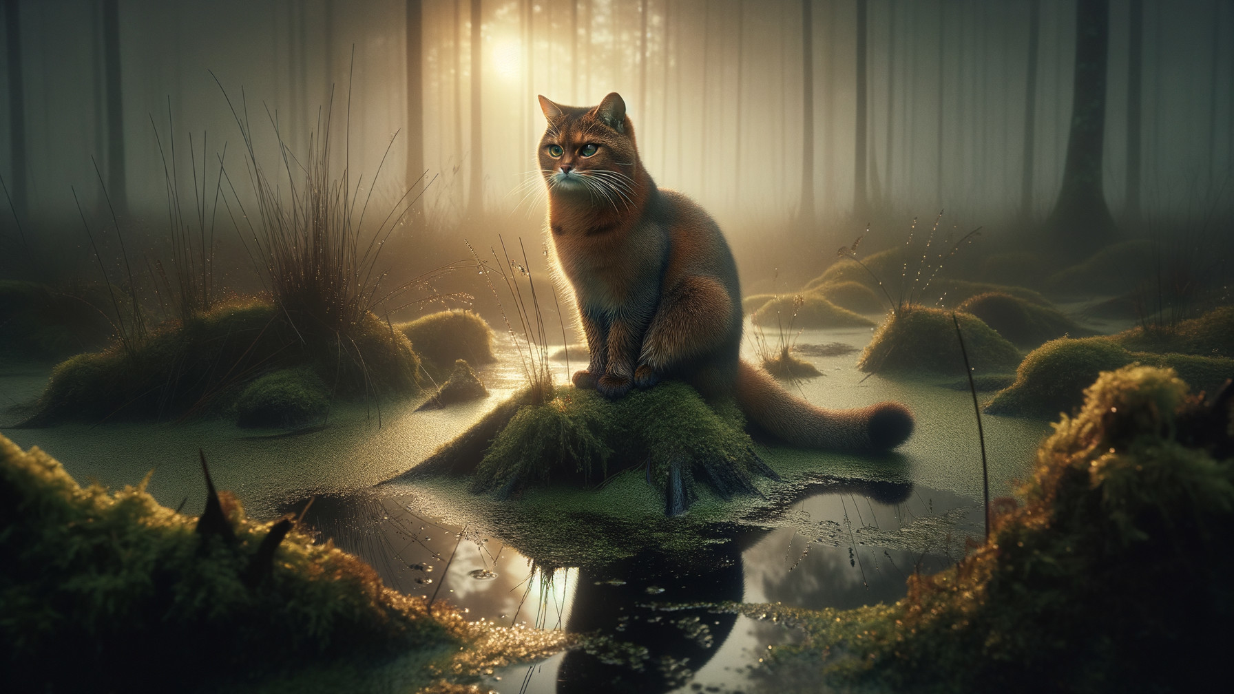 Majestic cat on mossy rock in misty forest scene