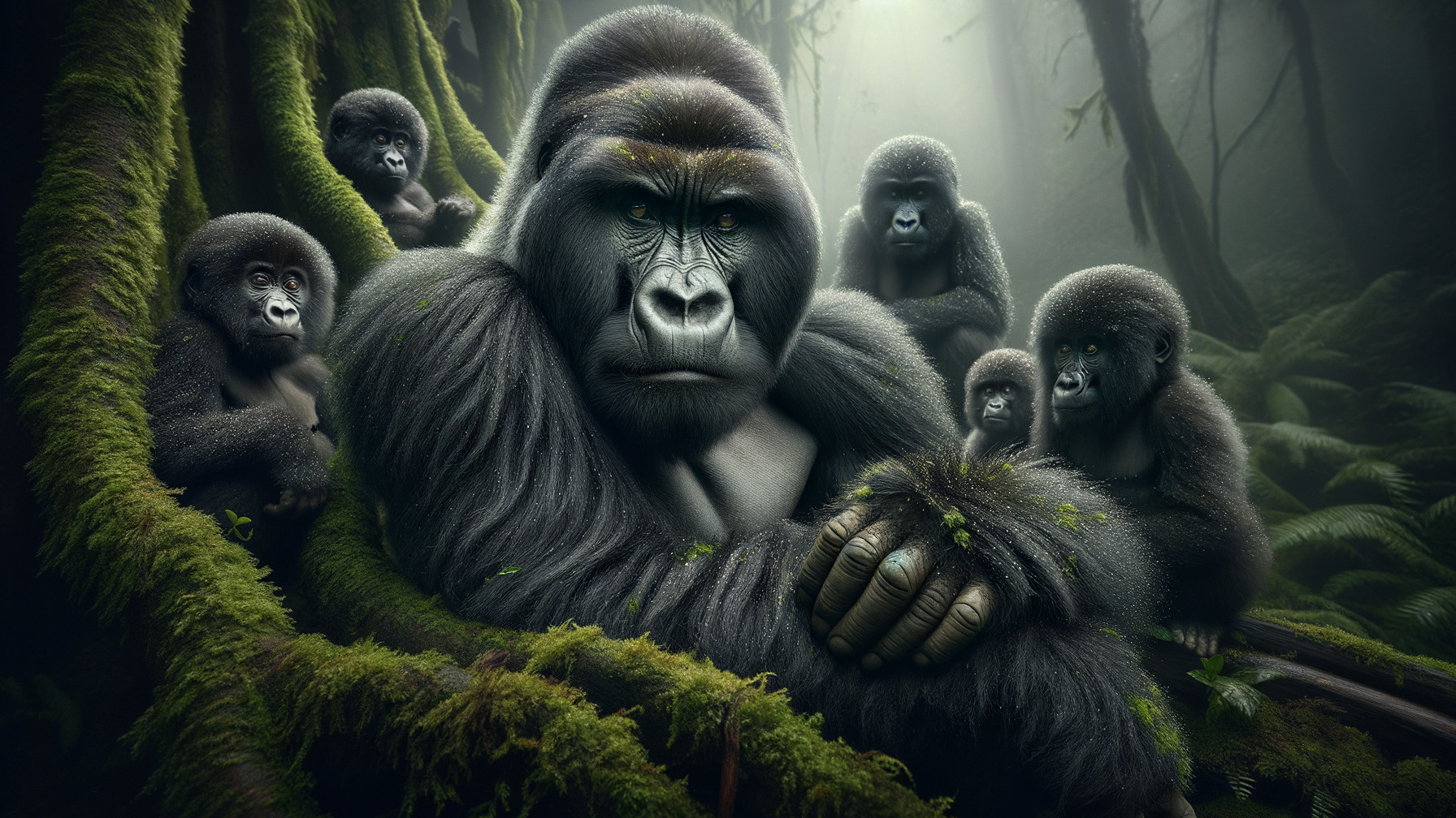 Silverback Gorilla with Juveniles in Rainforest Setting